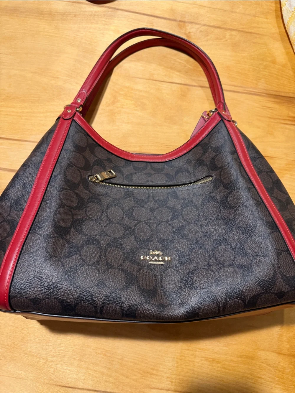 Coach Signature Hobo Bag in Brown with Red Trim